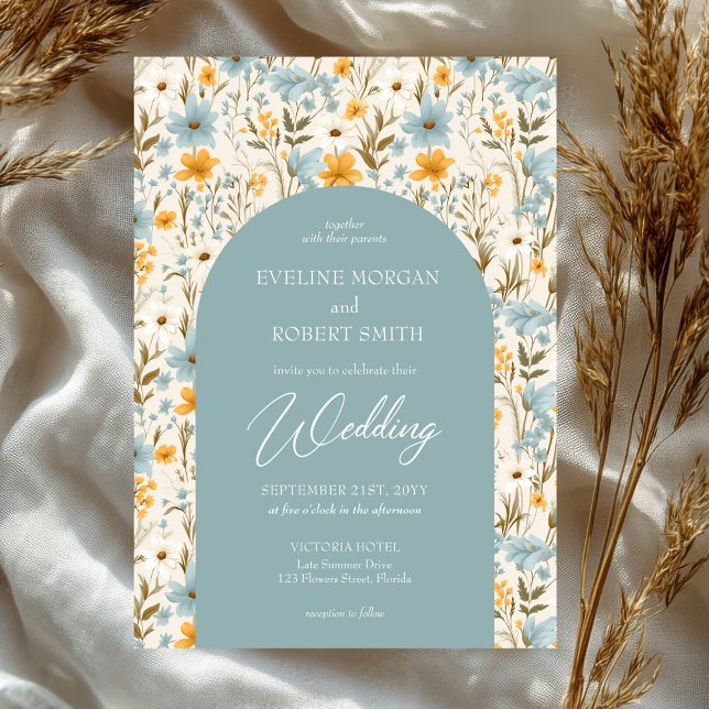Convite Arco poeirento de flores azuis e amarelas (boho watercolor dusty blue and yellow wild flowers wedding invitation)