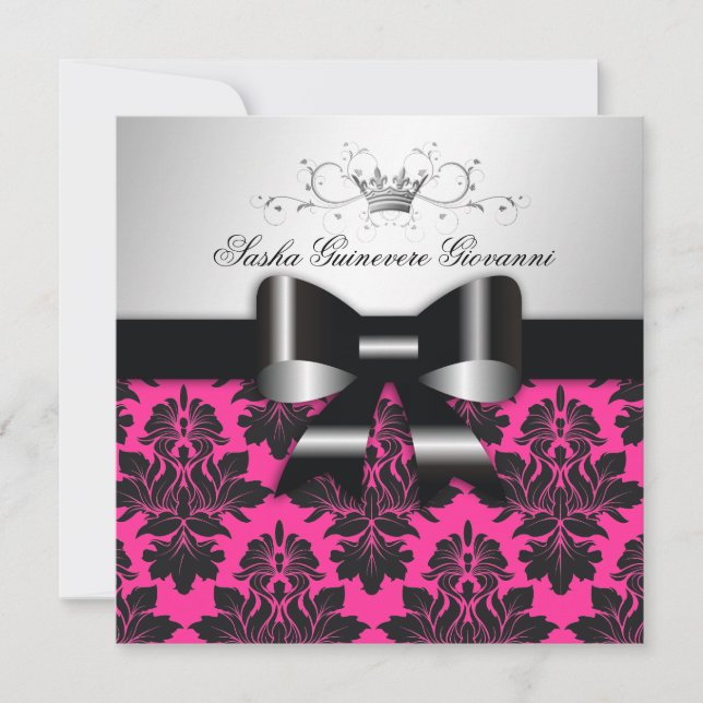 Convite Arco Preto 311-Black Damask Rosa| Doce 16 (Frente)