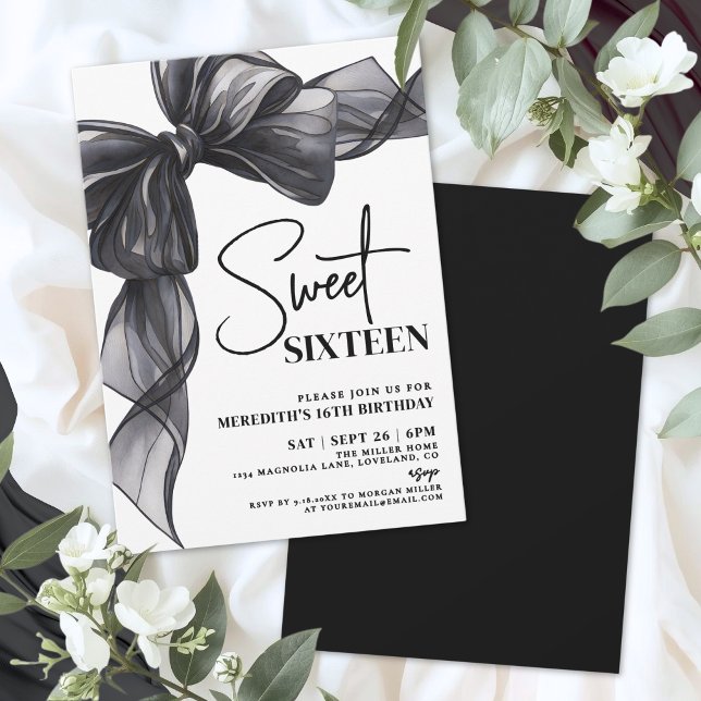 Convite Arco Preto Aniversário de 16 Anos (Black Bow Sweet Sixteen 16th Birthday Invitation)