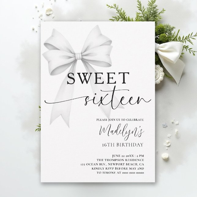 Convite Arco Preto Branco Moderno Elegante Simples Sweet 1 (sweet sixteen birthday party invitation bow simple classy black and white script trendy fashion teen)