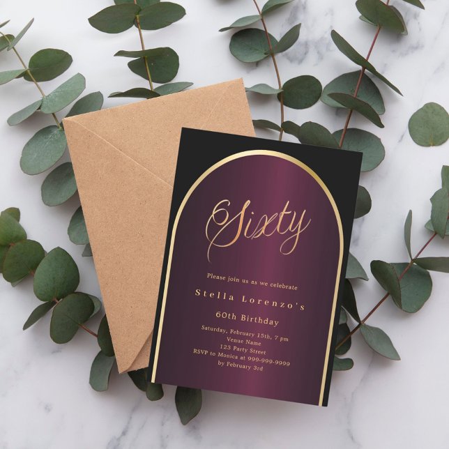 Convite Arco preto burgundy dourado 60 anos (Criador carregado)
