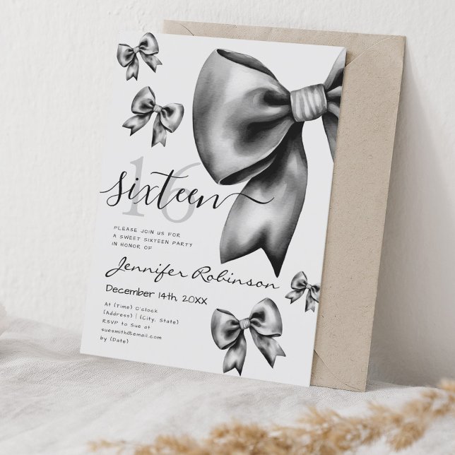 Convite Arco preto coquete bonito doce 16 (Cute Coquette Black Bow Sweet 16 Invitation)