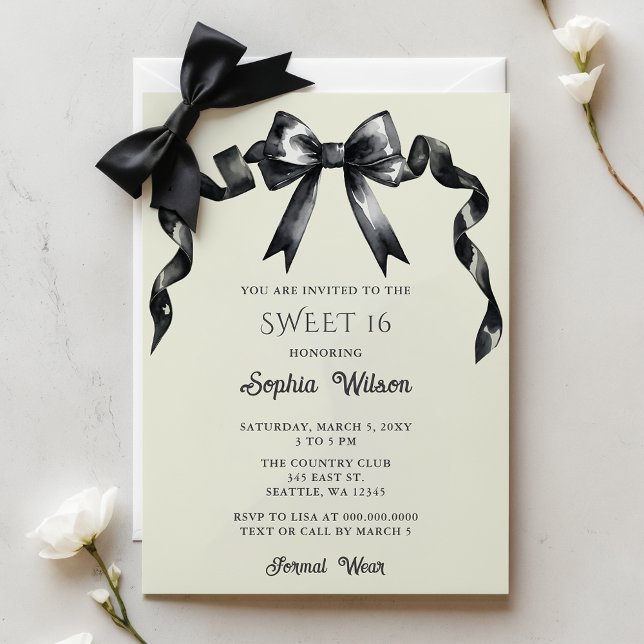 Convite Arco preto de coquete de aquarela elegante doce 16 (Elegant Watercolor Coquette Black Bow Sweet 16 Invitation)