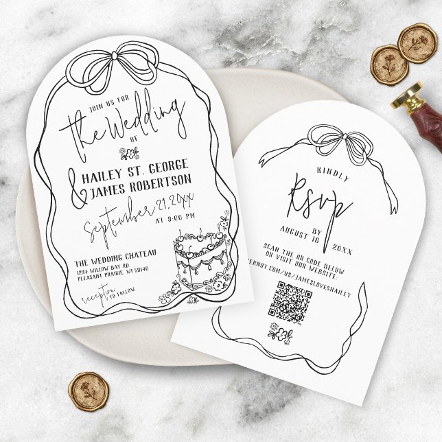 Convite Arco preto, desenhado à mão moderno, retro casamen (Retro modern arch hand drawn black and white coquette bow floral vintage simple  wedding invitation)