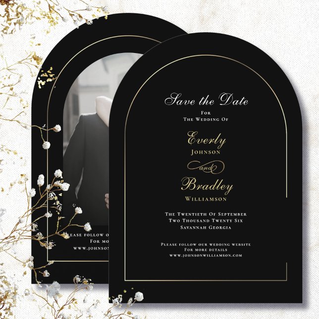 Convite Arco Preto Dourado Branco Salve a Data do Casament (Criador carregado)