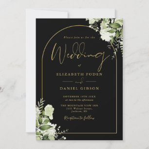 Convite Arco Preto e Dourado com Verde para Casamento com