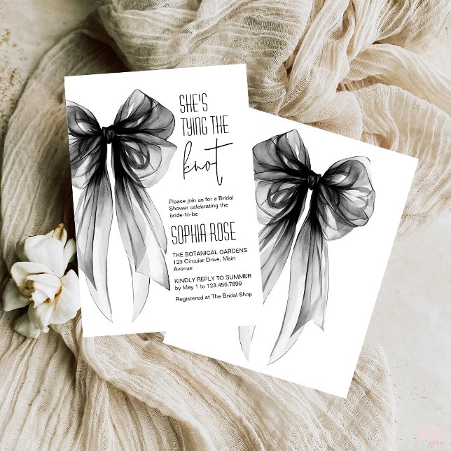 Convite Arco Preto, ela é Chá de panela de Casando (shes tying the knot elegant black bow bridal shower invitation gothic coquette theme bride or die)
