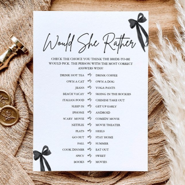 Convite Arco Preto Ela Preferiria Jogo para Chá de Noiva (Black Bow Would She Rather Bridal Shower Game)
