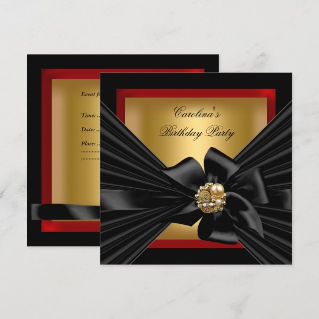 Convite Arco preto festa de aniversário vermelho Dourado (Frente/Verso)