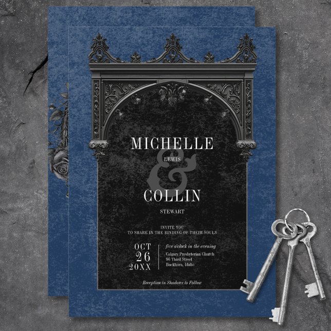 Convite Arco preto gótico e Rosas pretas Casamento azul (Gothic Black Arch & Black Roses Blue Wedding Invitation)