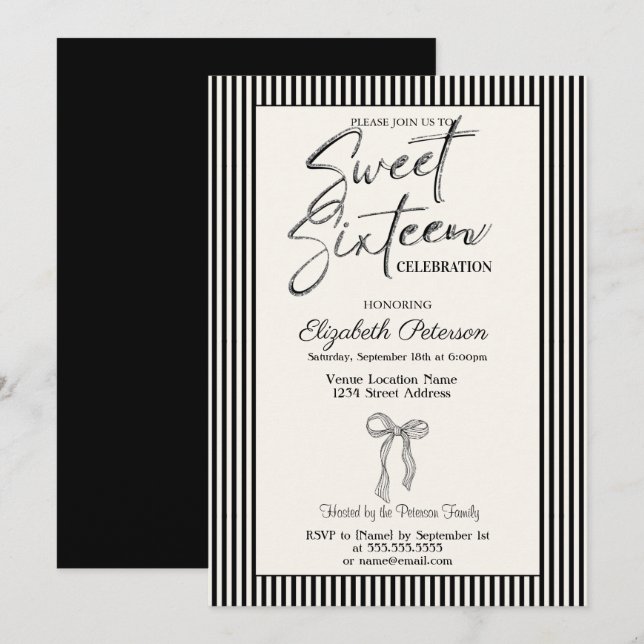Convite Arco Preto Listrado Chic Sweet 16 (Frente/Verso)