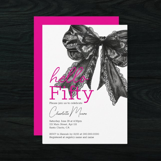 Convite Arco Preto Rosa Quente Alô Alô Cinquenta Anos (Coquette Hot Pink Black Bow Hello Fifty Birthday Invitation
)