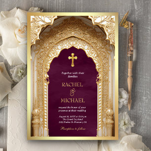 Convite Arco Real Dourado Religioso Cristão Ameixa Casamen