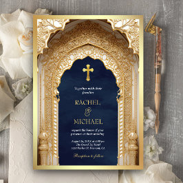 Convite Arco Real Dourado Religioso Cristão Azul Casamento