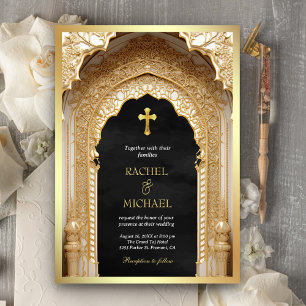 Convite Arco Real Dourado Religioso Cristão Casamento Pret