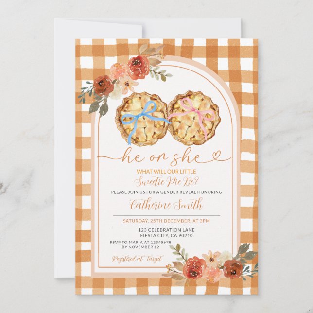 Convite Arco rosa azul Pumpkin Pie Gênero Reveza Gingham (Frente)