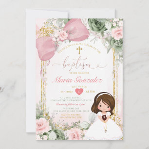 Convite Arco Rosa Bege e Floral Menina Batismo Verde Musgo