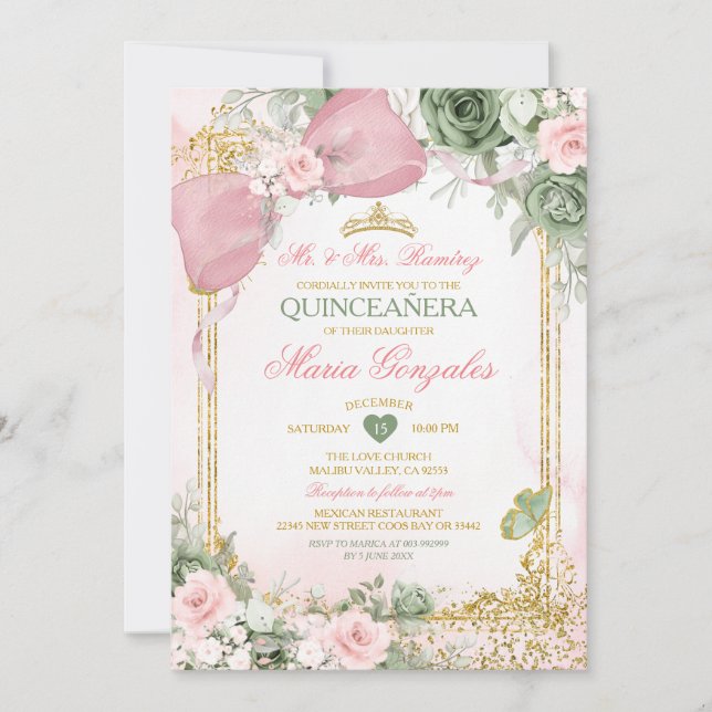 Convite Arco Rosa Bege e Floral Verde Quinceañera (Frente)