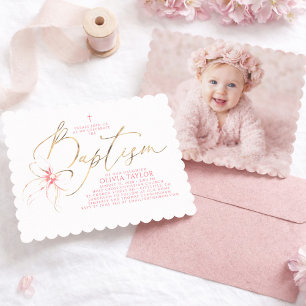 Convite Arco Rosa Bege Elegante Menina Batismo FOTO