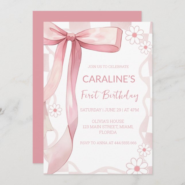 Convite Arco Rosa Branca Primeiro Aniversário (Frente/Verso)