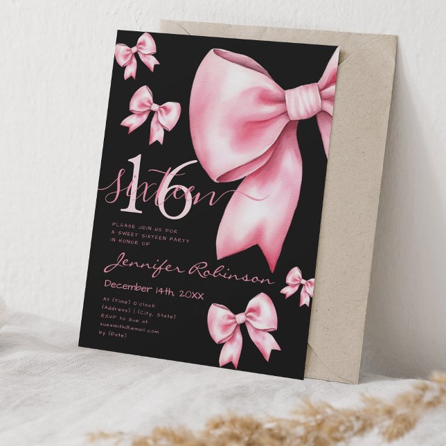 Convite Arco rosa branco e rosado doce 16 preto (Cute Coquette Blush Pink Bow Sweet 16 Black Invitation)