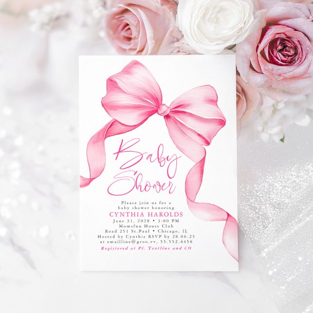 Convite Arco rosa, Chá de fraldas doce de bebê (Pink Bow Baby Shower Invitation)