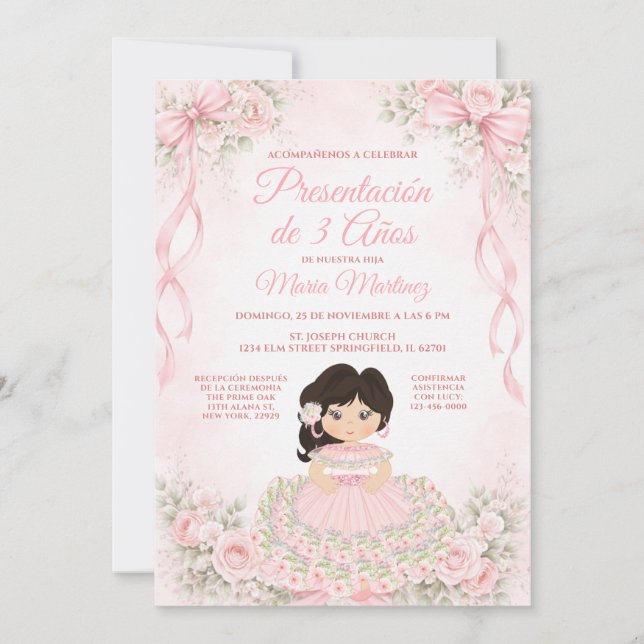 Convite Arco Rosa Choque Menina Espanhola Presentación de  (Frente)