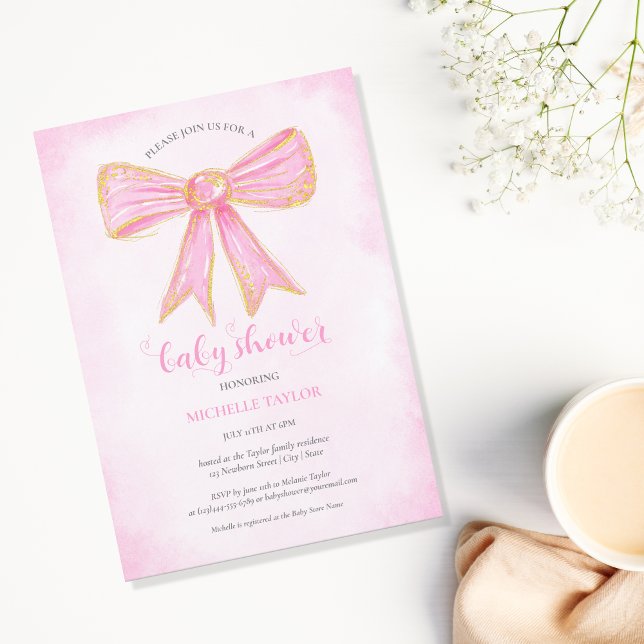 Convite Arco rosa-claro Dourado Garota-reluzente (pink glitter gold bow)