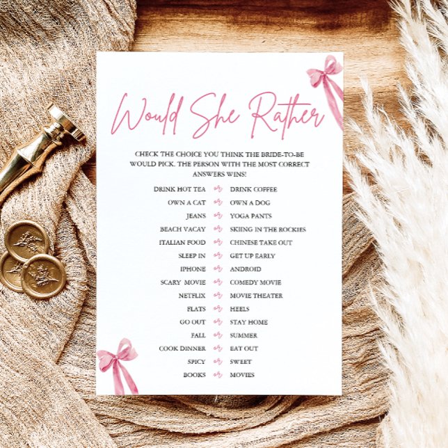 Convite Arco Rosa Claro Jogo de Chá de Noiva 'Ela Preferir (Blush Pink Bow Would She Rather Bridal Shower Game)
