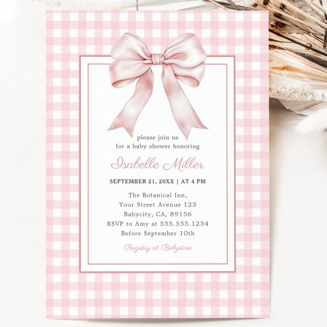 Convite Arco Rosa Clássico Gingham Girl Chá de fraldas (Classic Pink Bow Gingham Girl Baby Shower Invitation)