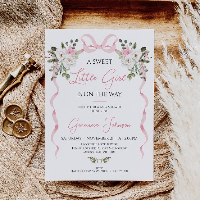 Convite Arco Rosa Coquette Raparigas  Inverno Chá de frald (Coquette Bow Winter Floral Baby Shower Invitation Girl, Pink Bow Baby Shower Invitation, Winter Bow)