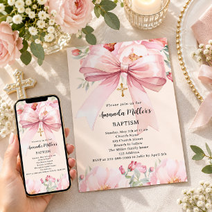 Convite Arco rosa creme florais menina Batismo