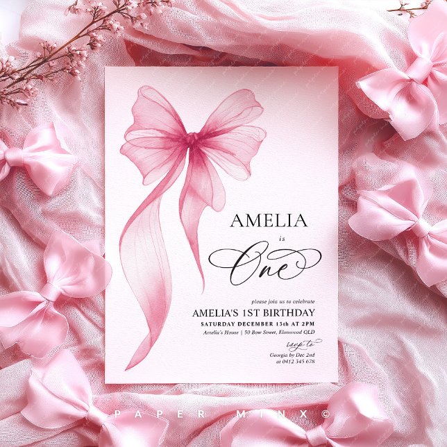 Convite Arco rosa de 1º aniversário de meninas coquette  (Amelia is One! Pink Bow 1st birthday invitation)