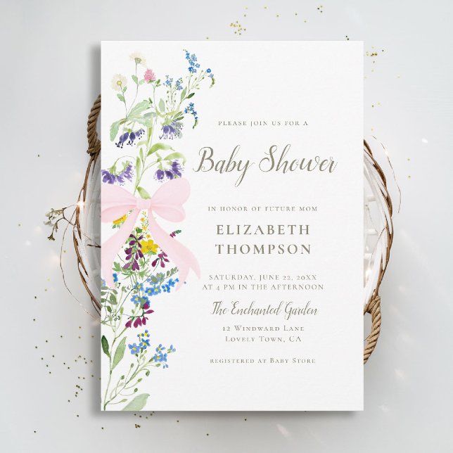 Convite Arco Rosa de Flores Moles de Flor Selvagem Chá de  (wildflowers baby shower invitation pink bow elegant garden party colorful happy watercolor boho)
