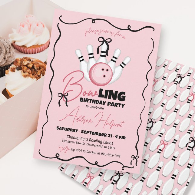 Convite Arco Rosa Desenhado à Mão Festa de Aniversário Men (Funny pink black and white BOWling coquette bows girly girl hand drawn birthday party invitation)