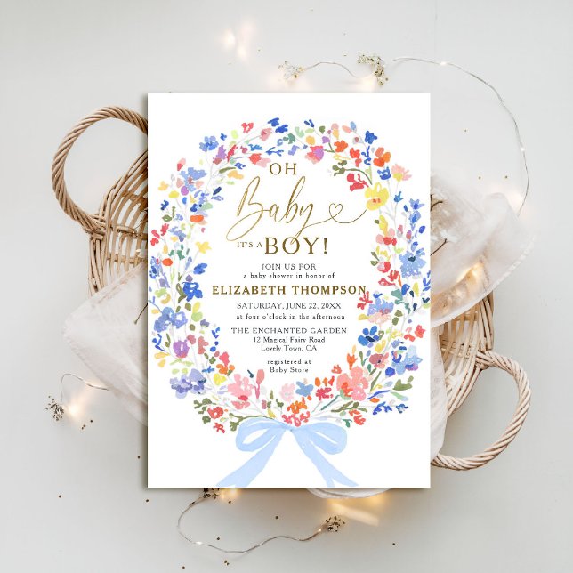 Convite Arco Rosa do Jardim das Flores Selvagens Chá (wildflowers blue bow baby boy shower invitation garden backyard rustic barn meadow spring summer)