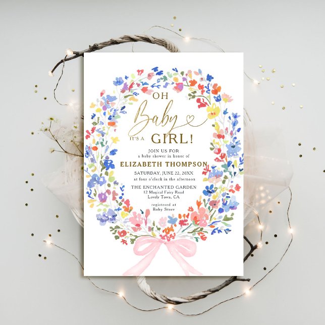 Convite Arco Rosa do Jardim de Flores Selvagens Chá (wildflowers pink bow baby girl shower invitation garden backyard rustic barn meadow spring summer)