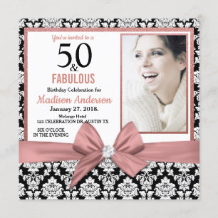 Convite arco rosa dourado damasco preto 50ª foto de aniver