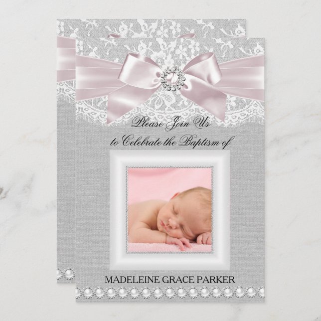 Convite Arco Rosa e Lace Fotografia Baptism/Christening Co (Frente/Verso)