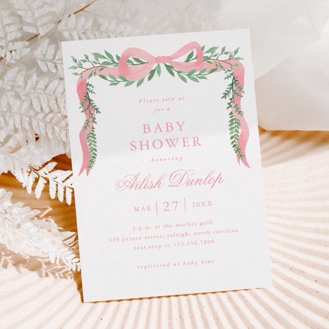 Convite Arco rosa elegante com Chá de fraldas verde (Elegant Pink Bow Greenery Girl Baby Shower Invitation.)