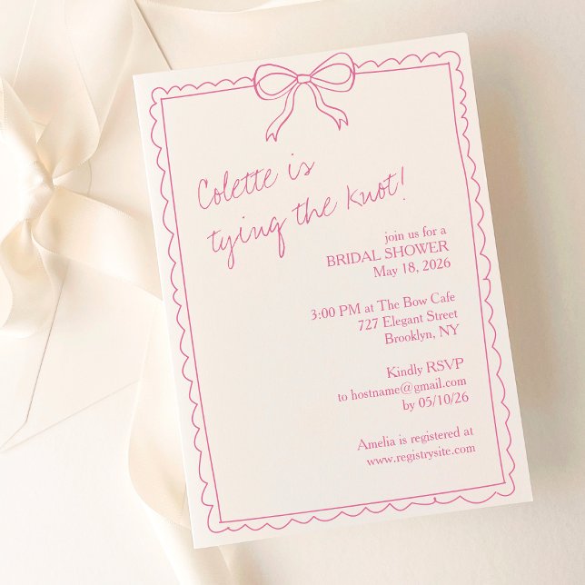 Convite Arco Rosa Elegante Desenhado à Mão Menino Chá de p (A romantic, timeless pink bridal shower invitation with a delicate bow and chic scalloped border.)
