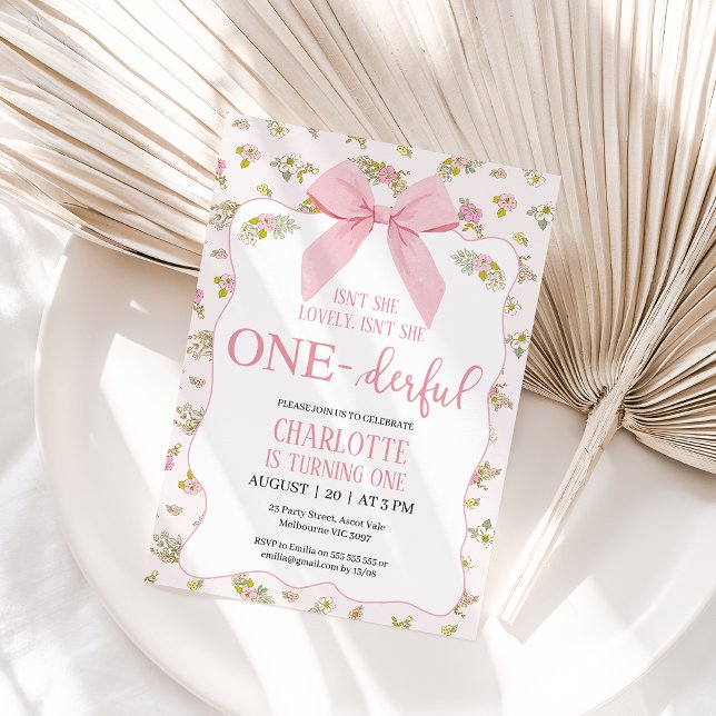 Convite Arco Rosa Floral não é um primeiro aniversario mar (Girls Isn't She Onederful 1st Birthday Invitation, Floral, Whimsical, Bow Onederful First Birthday )