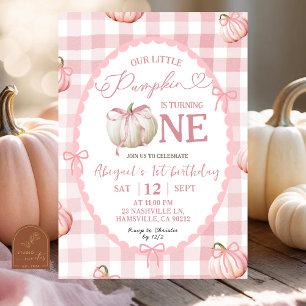 Convite Arco Rosa Gingham Pumpkin primeiro aniversario