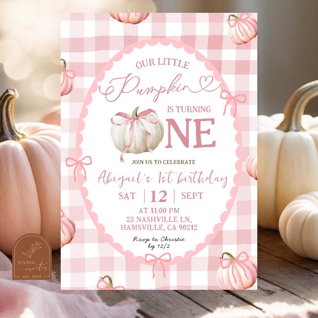 Convite Arco Rosa Gingham Pumpkin primeiro aniversario (Criador carregado)