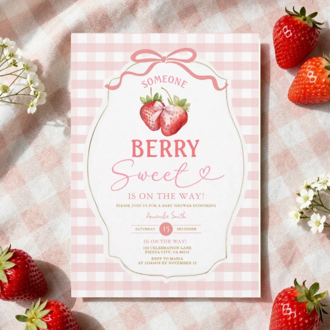 Convite Arco rosa Gingham Strawberry Chá de fraldas (Criador carregado)