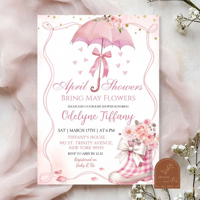 Convite Arco rosa Guarda-chuvas Botas Chás de abril Menina (Criador carregado)