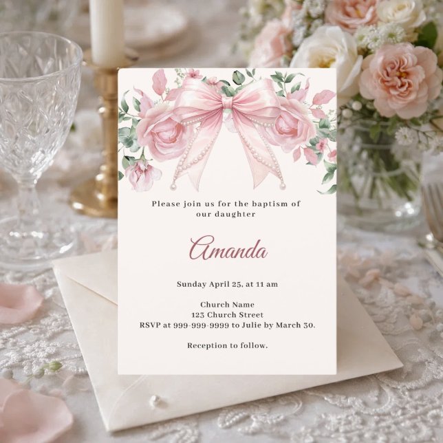 Convite Arco Rosa Marfim Florais Menina Elegante Batismo (Criador carregado)