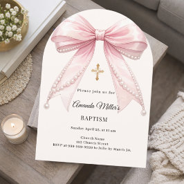 Convite Arco Rosa Marfim Pérolas Menina Elegante Batismo