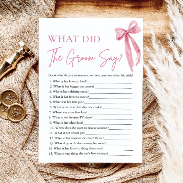 Convite Arco Rosa, O Que O Jogo Do Chá de panela Disse? (Pink Bow What Did The Groom Say Bridal Shower Game)