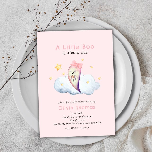Convite Arco Rosa Pequeno Chá de fraldas Ghost Girl (Pink Little Boo Bow Ghost Girl Baby Shower Invitation)